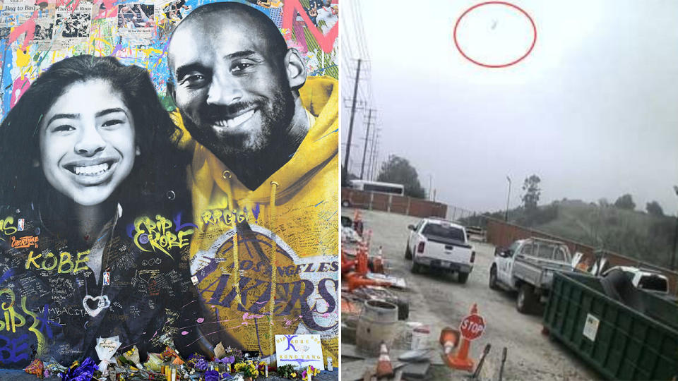 A memorial of Kobe Bryant and his daughter Gianna (pictured left) and a still frame from a security camera of the helicopter (pictured right) the pair were in before it crashed. (Images: Getty Images/National Transportation Safety Board)