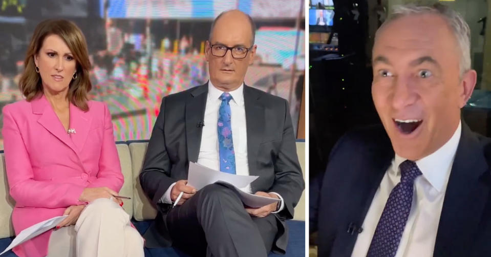 L: Sunrise stars Natalie Barr and David 'Kochie' Koch looking concerned. R: Mark Beretta in shock