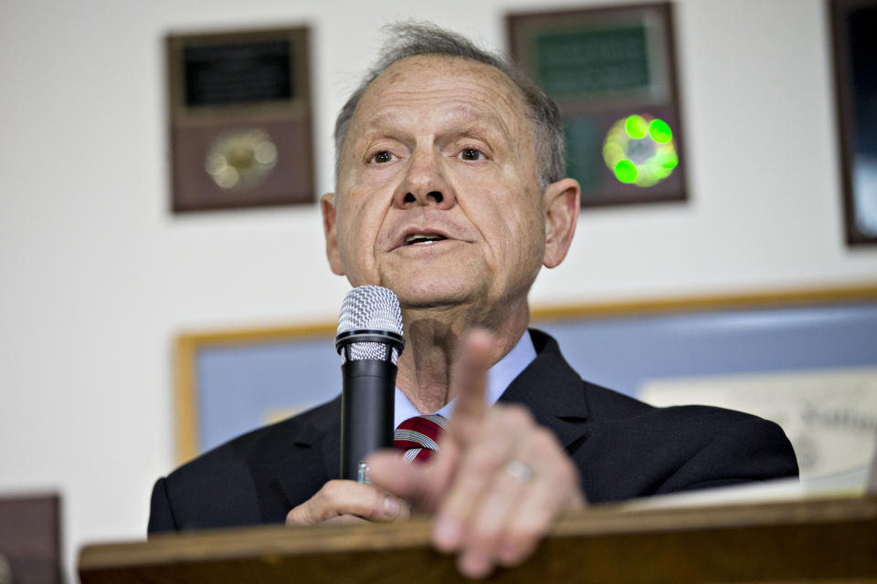 Roy Moore during a campaign rally in Henagar, Ala., on Monday. (Photo: Daniel Acker/Bloomberg via Getty Images)