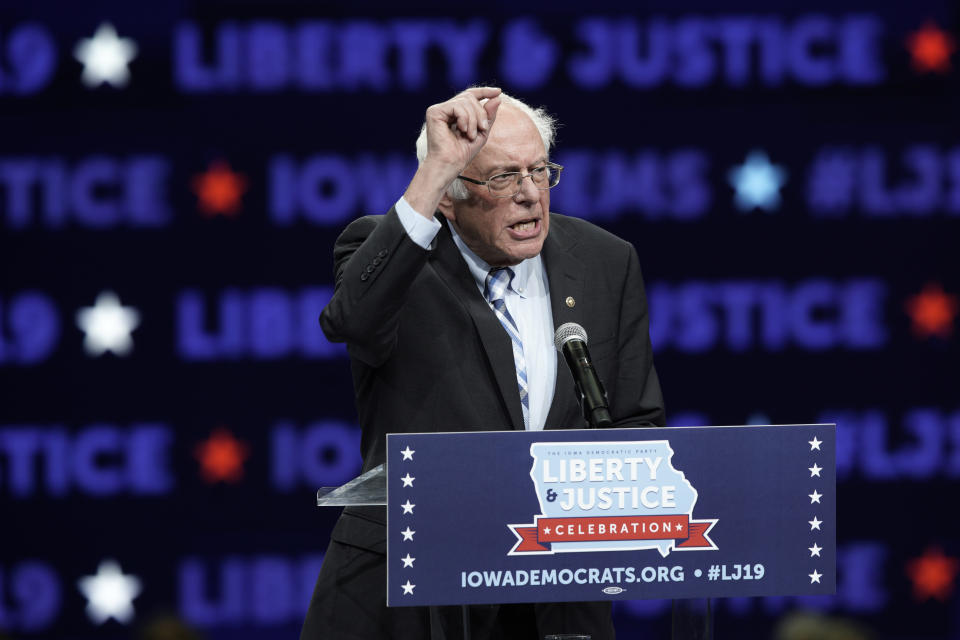 Democratic presidential candidate Sen. Bernie Sanders speaks during the Iowa Democratic Party's Liberty and Justice Celebration, Friday, Nov. 1, 2019, in Des Moines, Iowa. (AP Photo/Nati Harnik)