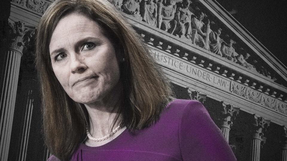 Republicans emphasized Amy Coney Barrett's roles as a wife and mother during her Supreme Court confirmation hearings. (Photo: Illustration: Damon Dahlen/HuffPost; Photos: AP/Getty)