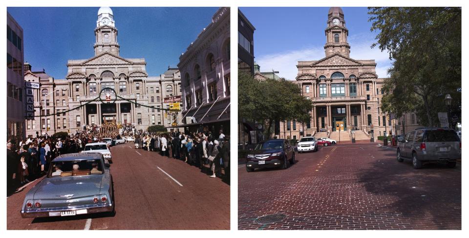 A combination picture shows the motorcade of U.S. President John F. Kennedy moving through downtown Fort Worth, Texas in 1963 and the same scene in 2013