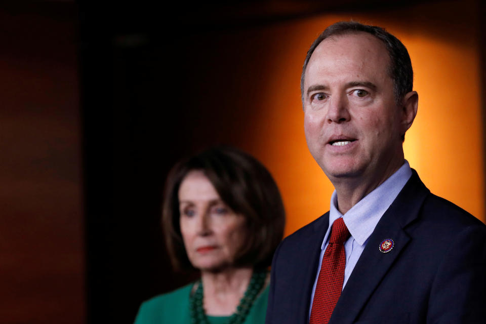 House Intelligence Committee Chairman Adam Schiff speaks next to U.S. House Speaker Nancy Pelosi  regarding the impeachment inquiry of U.S. President Donald Trump on Capitol Hill in Washington, U.S., October 15, 2019. (Photo: Carlos Jasso/Reuters)