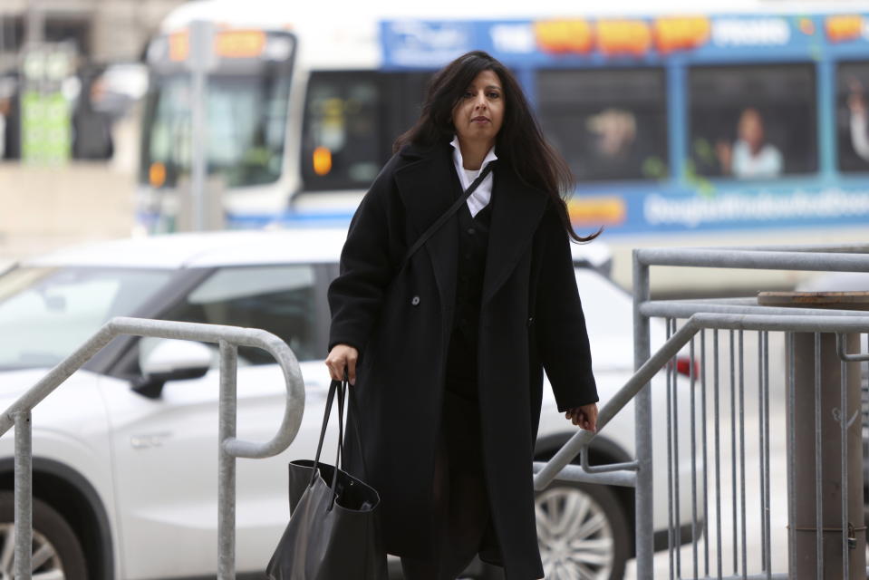 Crown prosecutor Sarah Shaikh arrives at the London courthouse to attend the sentencing hearing of Nathaniel Veltman in London, Ont., Thursday, Feb. 22, 2024. Veltman, found guilty of using his pickup truck to kill four members of a Muslim family was sentenced to life in prison as a judge ruled that the actions of the “admitted white nationalist” amounted to terrorism. (Nicole Osborne /The Canadian Press via AP)