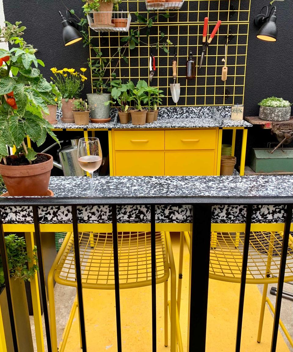 balcony with yellow painted stripe on floor