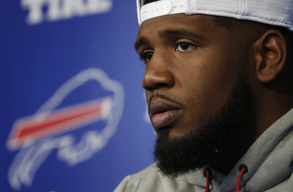 Buffalo Bills first-round draft pick Ed Oliver addresses the media during an NFL football news conference Friday, April 27, 2019, in Orchard Park N.Y. (AP Photo/Jeffrey T. Barnes)