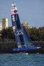 In this image provided by SailGP, USA SailGP Team helmed by Jimmy Spithill on Race Day 2 of the Spain Sail Grand Prix in Cadiz, Spain., Sunday, Oct 15 2023. (Bob Martin/SailGP via AP)
