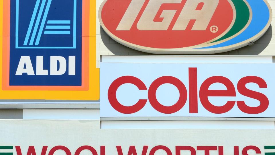 A combined image showing logos for Aldi, Coles, IGA and Woolworths