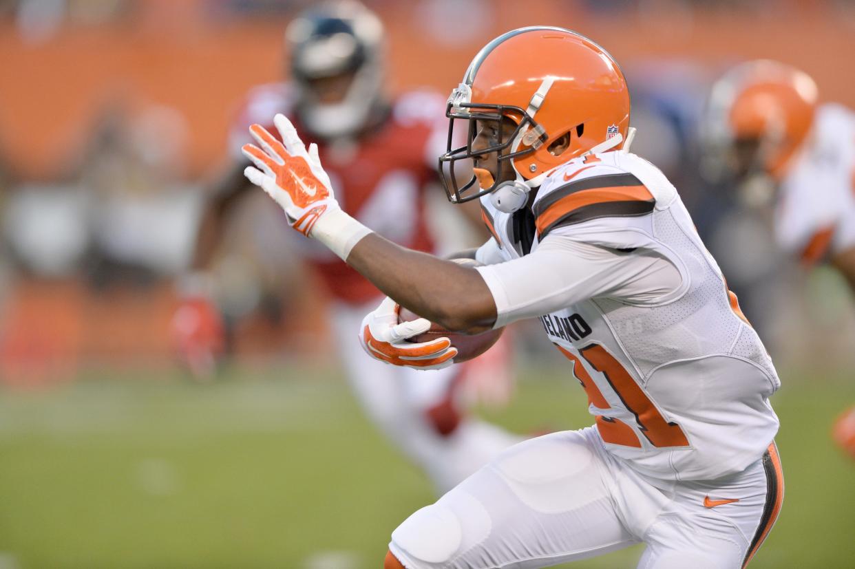 Cleveland Browns cornerback Justin Gilbert (21) in action against the Atlanta Falcons, Aug. 18, 2016, in Cleveland.