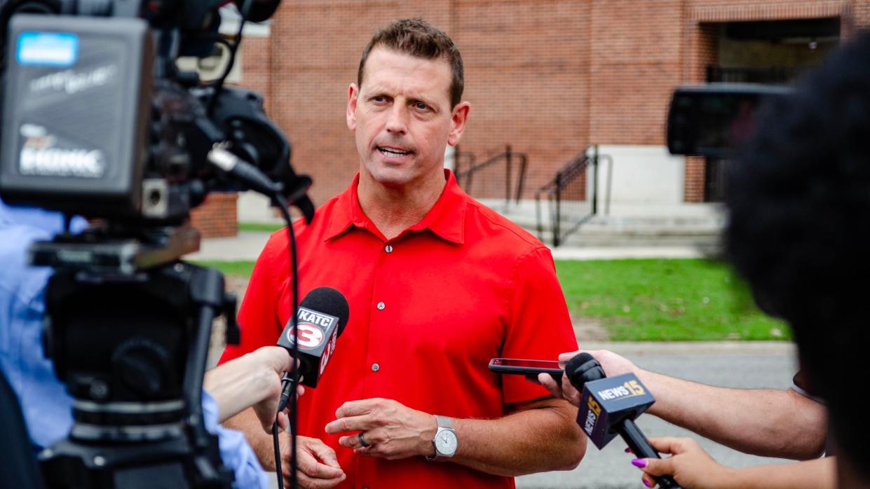 Director of Athletics Bryan Maggard gives a statement about the event. The University of Louisiana Lafayette holds a prayer vigil for UL Baseball Coach Tony Robichaux.