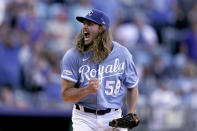 Kansas City Royals relief pitcher Scott Barlow celebrates after a baseball game against the Seattle Mariners Sunday, Sept. 25, 2022, in Kansas City, Mo. The Royals won 13-12. (AP Photo/Charlie Riedel)