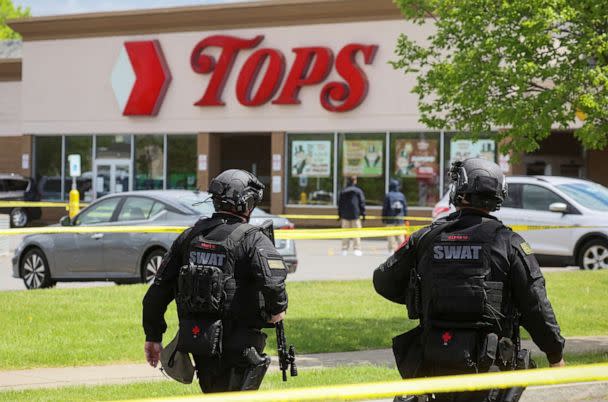 PHOTO: Members of the Buffalo Police department work at the scene of a shooting at a Tops supermarket in Buffalo, N.Y., May 17, 2022. (Brendan McDermid/Reuters)