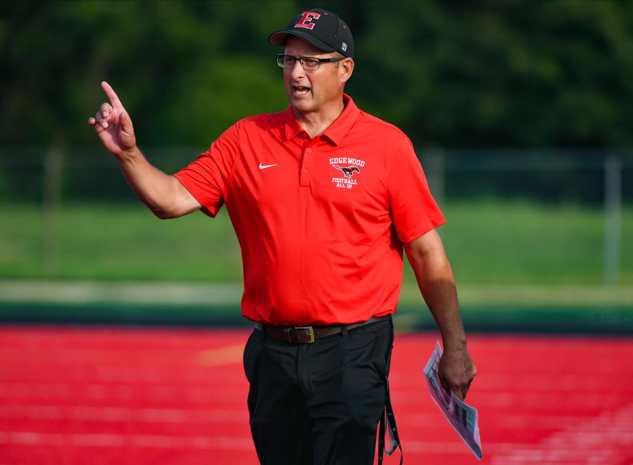 Edgewood head coach Scott Fischer during the football game between Edgewood and Mitchell at Edgewood on Friday, August 18, 2023.