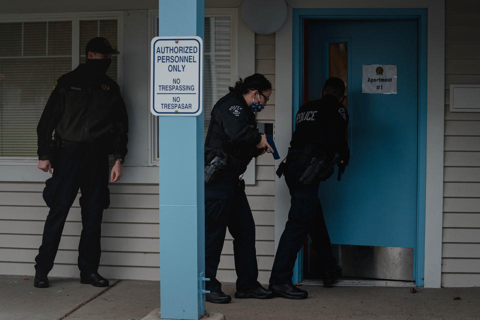 Police recruits train in a contact exercise using Cognitive Command Check-ins. The Cognitive Command Check-in program is a new, experimental approach toward teaching emotional intelligence and developing better instincts in high-stress situations.<span class="copyright">Jovelle Tamayo for TIME</span>