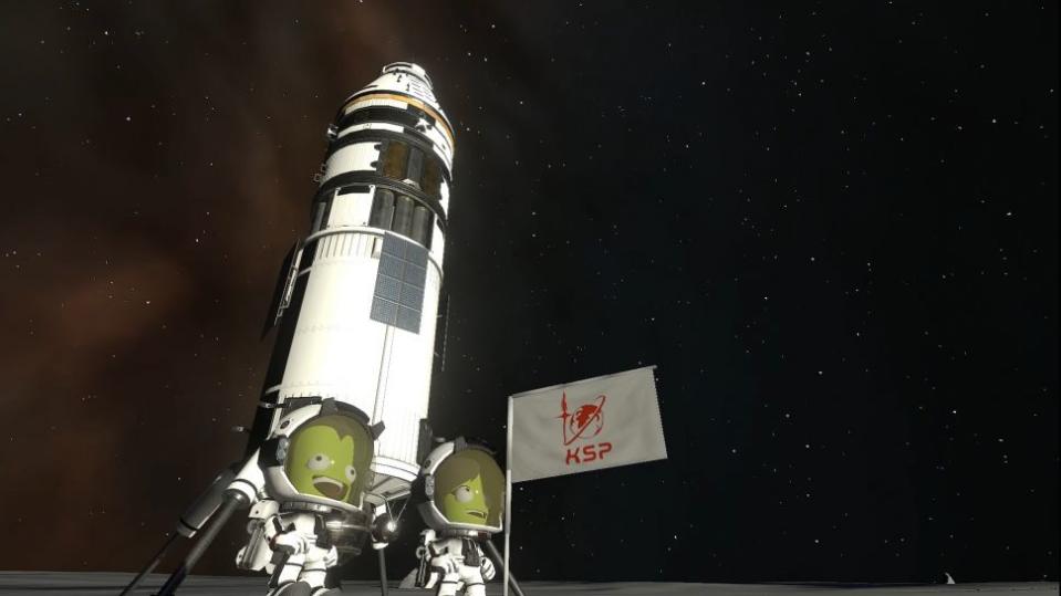 illustration of a rocket with two kerbonauts and a flag in front