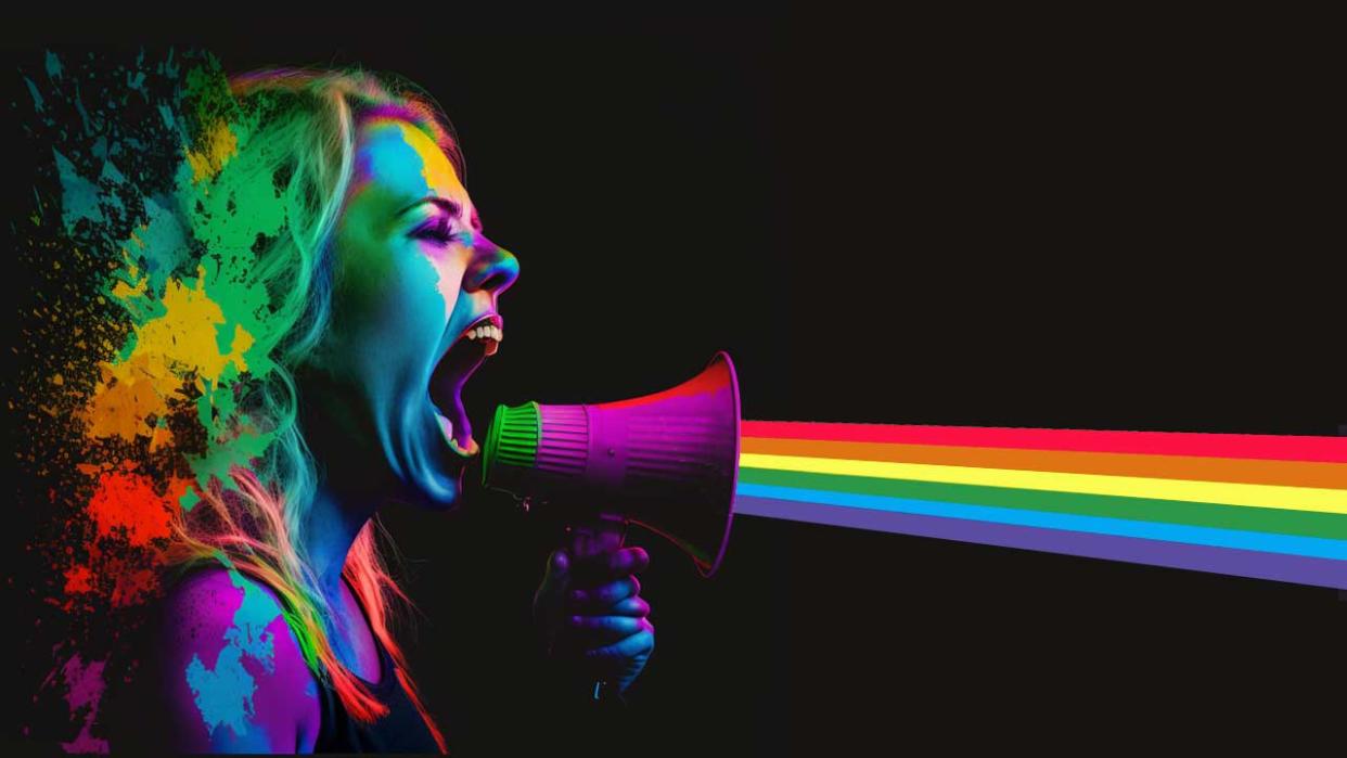  A woman singing into a megaphone with the colours of the spectrum emerging from its horn 