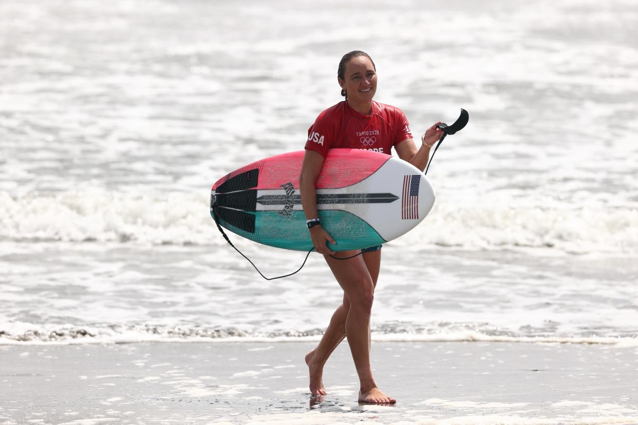 Carissa Moore of Team United States reacts after winning her Women's Round 3 heat on day three of the Tokyo 2020 Olympic Games at Tsurigasaki Surfing Beach on July 26, 2021 in Ichinomiya, Chiba, Japan. (Getty Images)