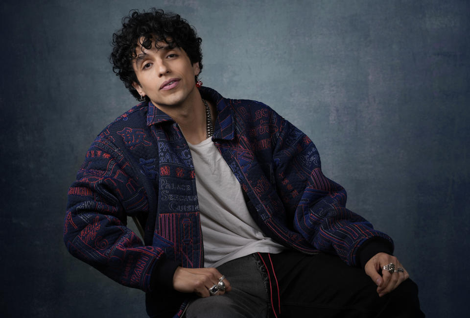 Sebastian Chacon, a cast member in the Amazon streaming miniseries "Daisy Jones and the Six," poses for a portrait at the Four Seasons Hotel, Tuesday, Feb. 21, 2023, in Los Angeles. (AP Photo/Chris Pizzello)