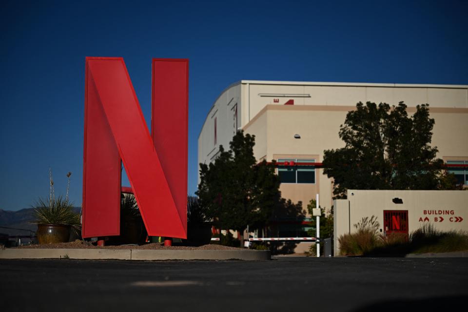 The Netflix logo is displayed at the entrance to Netflix Albuquerque Studios film and television production studio lot in Albuquerque, New Mexico on October 13, 2023. (Photo by Patrick T. Fallon / AFP) (Photo by PATRICK T. FALLON/AFP via Getty Images)