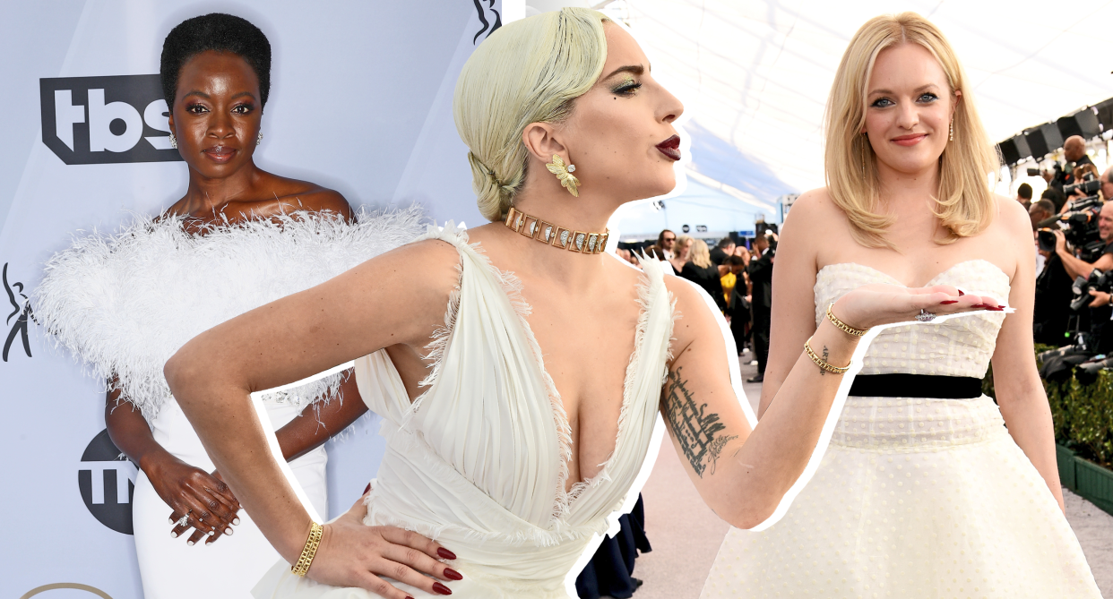 Lady Gaga, Elisabeth Moss and Danai Gurira were among those attending the 2019 SAG awards in wedding-inspired gowns. (Photos: Getty Images. Photo illustration: Yahoo Lifestyle)