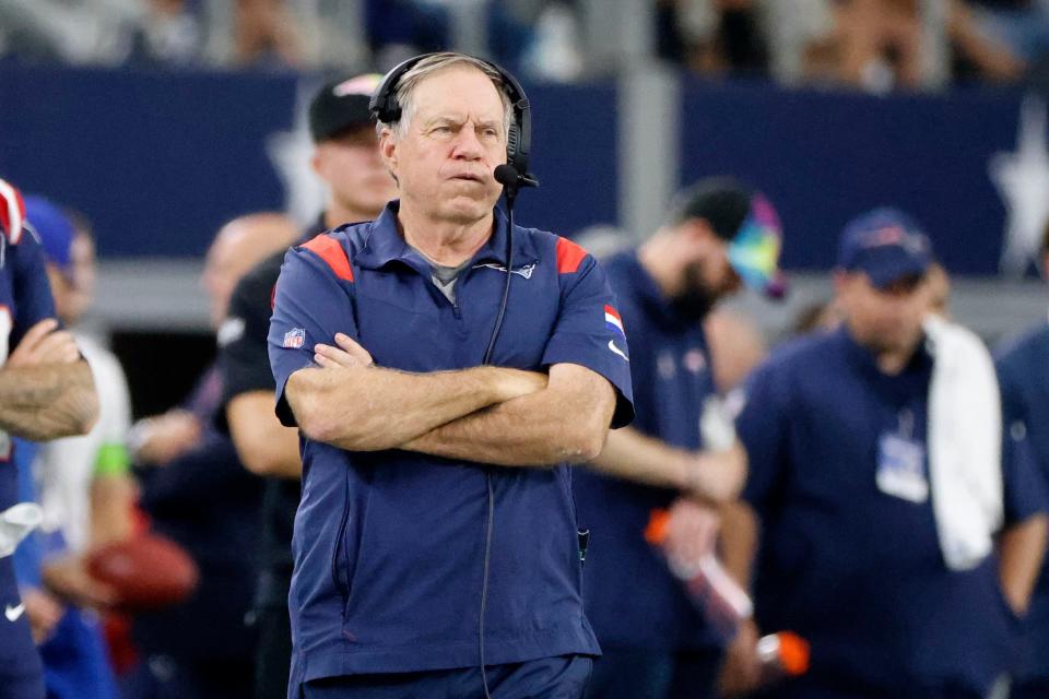 New England Patriots head coach Bill Belichick watches play against the Dallas Cowboys in the second half of an NFL football game in Arlington, Texas, Sunday, Oct. 1, 2023. (AP Photo/Michael Ainsworth)