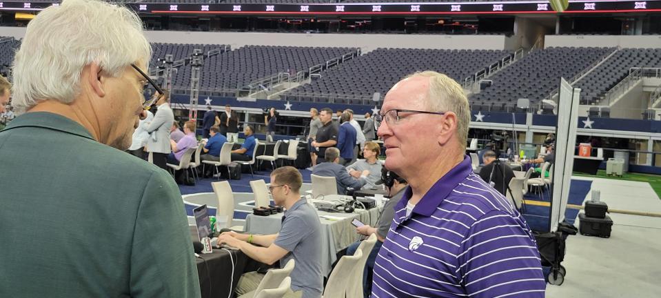 Kansas State athletics director Gene Taylor talks to a reporter in July during Big 12 football media days in Arlington, Texas.