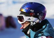 Australia's Russell Henshaw reacts at the finish line during the men's freestyle skiing slopestyle qualification round at the 2014 Sochi Winter Olympic Games in Rosa Khutor February 13, 2014. REUTERS/Mike Blake