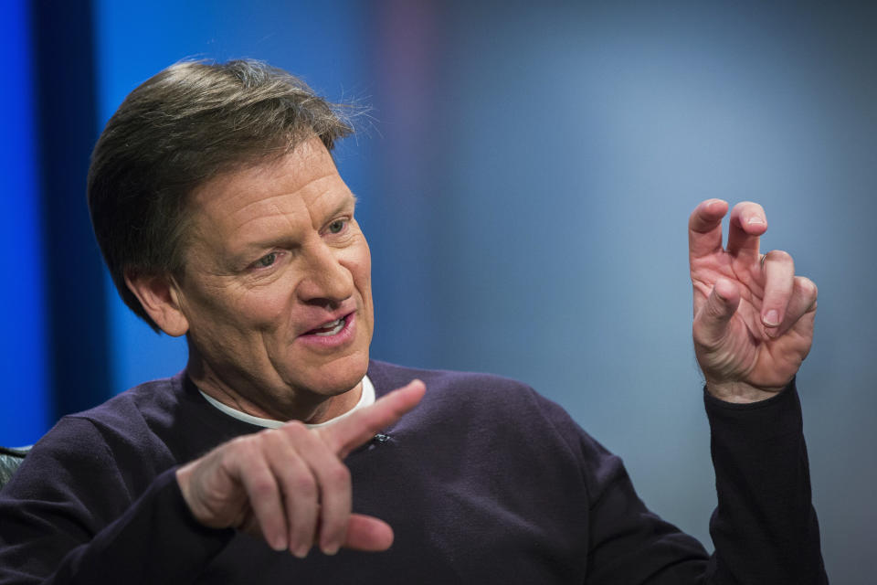 Author Michael Lewis gestures during an interview at Reuters regarding his book about high-frequency trading (HFT) named "Flash Boys: A Wall Street Revolt," in New York April 3, 2014. REUTERS/Lucas Jackson (UNITED STATES - Tags: MEDIA BUSINESS)