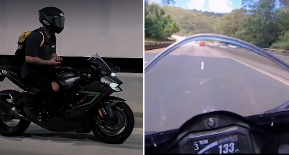 A rider travelling through a tunnel without holding the handlebars (left) and a rider weaving in and out of traffic on a highway (right). 