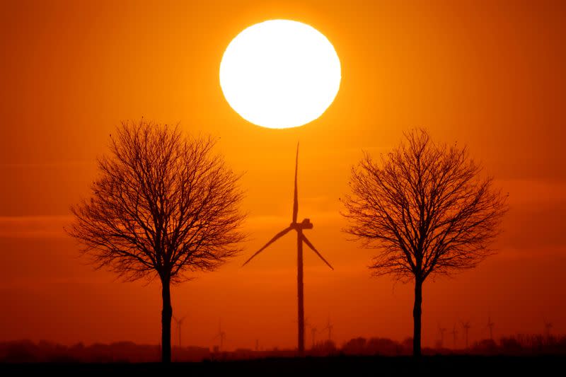 FILE PHOTO: Power-generating windmill turbines are seen during sunset in Bourlon