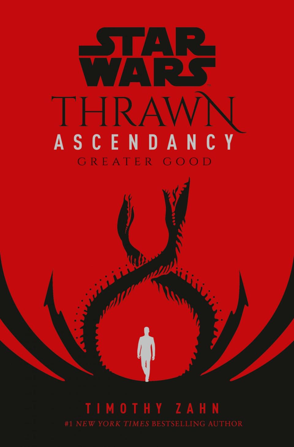 Thrawn Ascendancy Greater Good book cover has a white silhouette between two intertwined serpent-like creatures