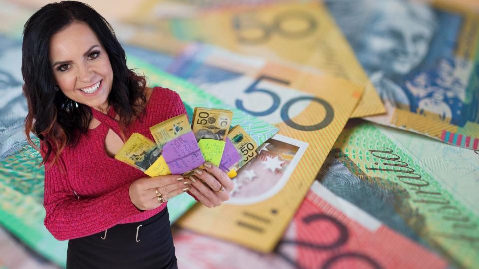 Compilation image of Nicole Pedersen-Mckinnon holding cash on a background of cash