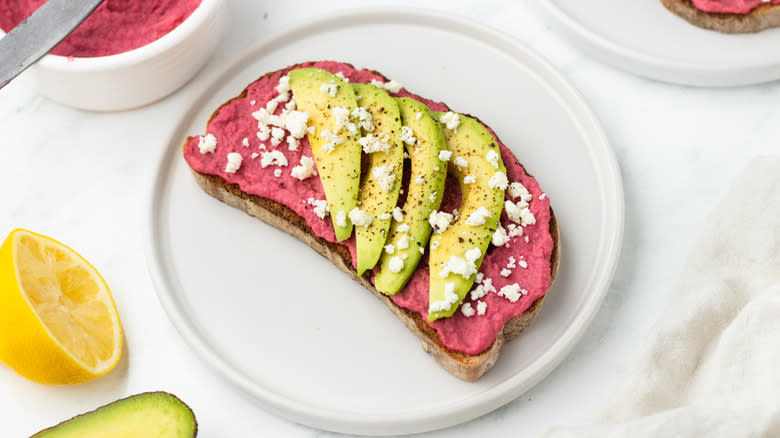 beetroot hummus toast with avocado