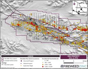 Map 4 – Oro and Sol Properties – Zinc Geochemistry: Zinc-in-soil map includes several large targets along Hess Fault trend and in Oro Main area.