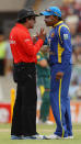 Umpire Asad Raufand and Mahela Jayawardene of Sri Lanka exchange heated words during the second CB Series final at Adelaide Oval on March 6, 2012 in Adelaide, Australia. (Photo by Mark Kolbe/Getty Images)