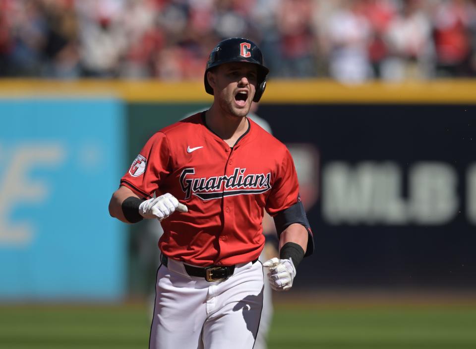 Guardians outfielder Lane Thomas reacts after hitting a three-run home run against the Tigers in the first inning in Game 1 of the ALDS, Oct. 5, 2024, in Cleveland.