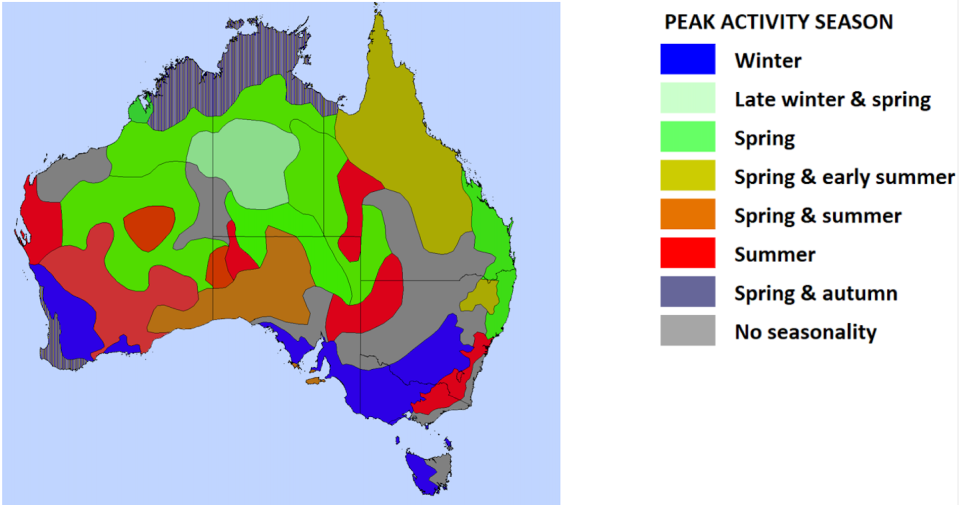 Peak fire activity seasons for zones around Australia. Author analysis of NASA data, Author provided