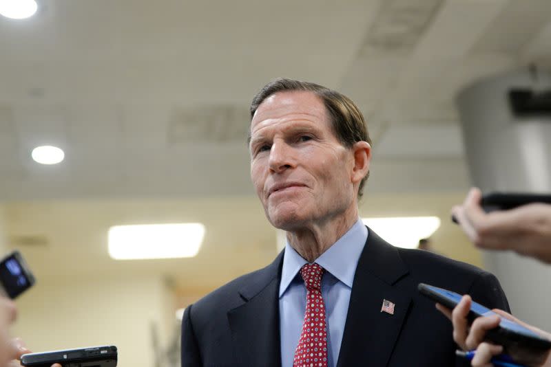 Senator Blumenthal speaks to reporters in the U.S. Capitol subway area in Washington