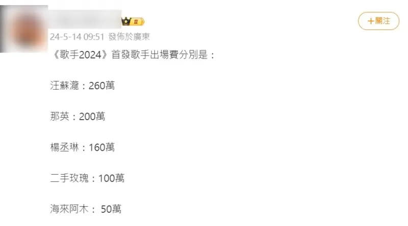 ▲微博有網友爆料藝人登上《歌手2024》的酬勞，許多網友不採信。（圖／微博）