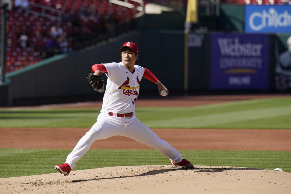 St. Louis Cardinals starting pitcher Kwang Hyun Kim throws during the second inning in the first game of a baseball doubleheader against the New York Mets Wednesday, May 5, 2021, in St. Louis. (AP Photo/Jeff Roberson)