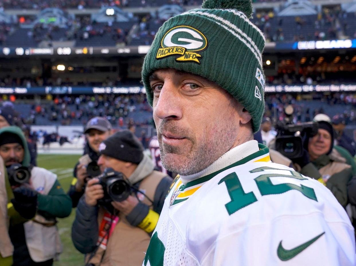 Aaron Rodgers smiles after a win against the Chicago Bears.