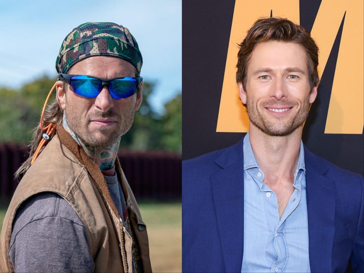 Glen Powell in "Hit Man" and in real life.