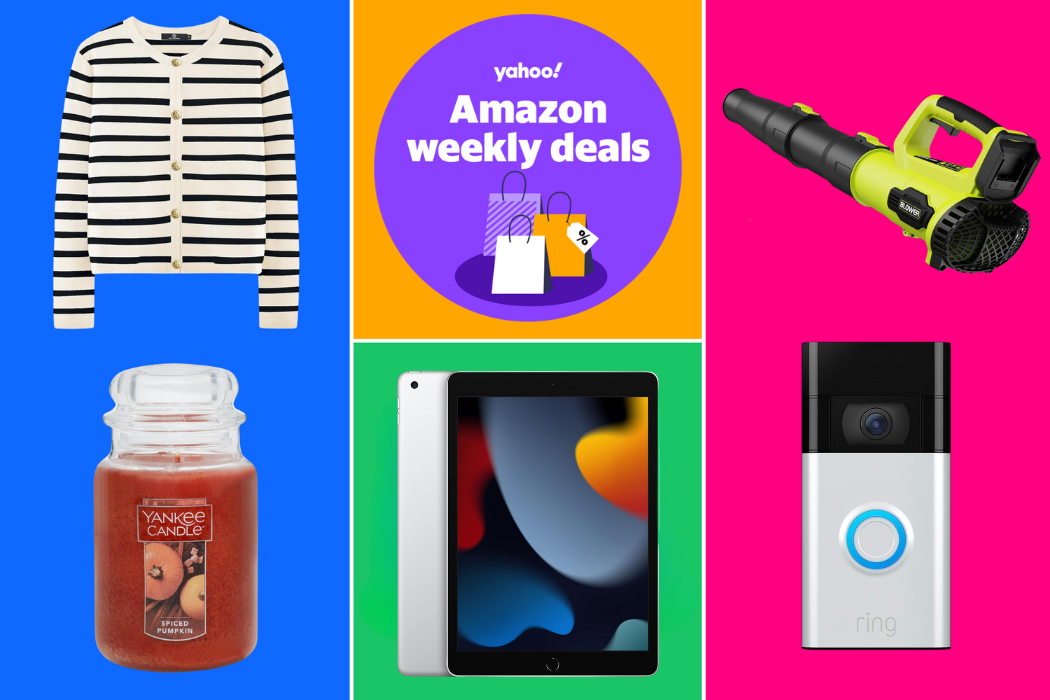 Striped cardigan, Yankee Candle, MacBook Air, Yankee Candle, leaf blower, Ring Video Doorbell and a badge that reads: Yahoo! Amazon weekly deals