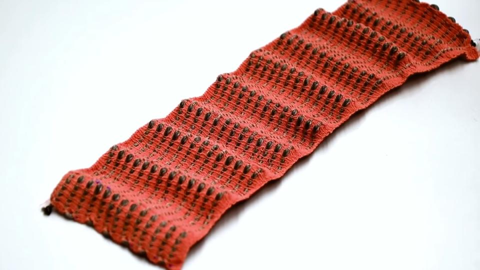 A swath of smart fabric that can be sewed into garments that monitor your breathing. This fabric may eventually be turned into smart clothes.