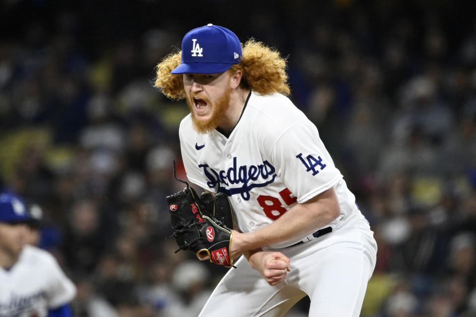 Los Angeles Dodgers starting pitcher Dustin May celebrates after striking out Arizona Diamondbacks' Jake McCarthy to end the top of the seventh inning in a baseball game Friday, March 31, 2023, in Los Angeles. (AP Photo/Mark J. Terrill)