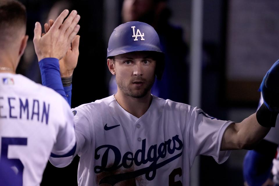 Dodgers shortstop Trea Turner celebrates after scoring in the third inning.