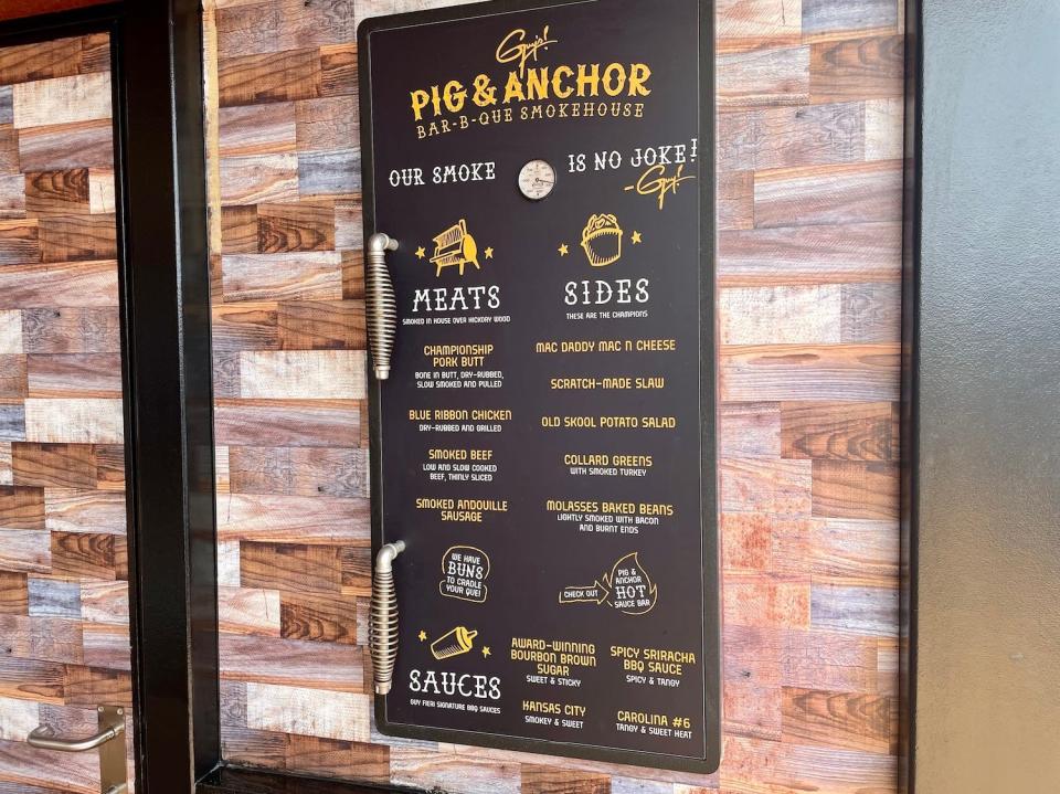 The menu to Guy's Pig & Anchor Bar-B-Que.