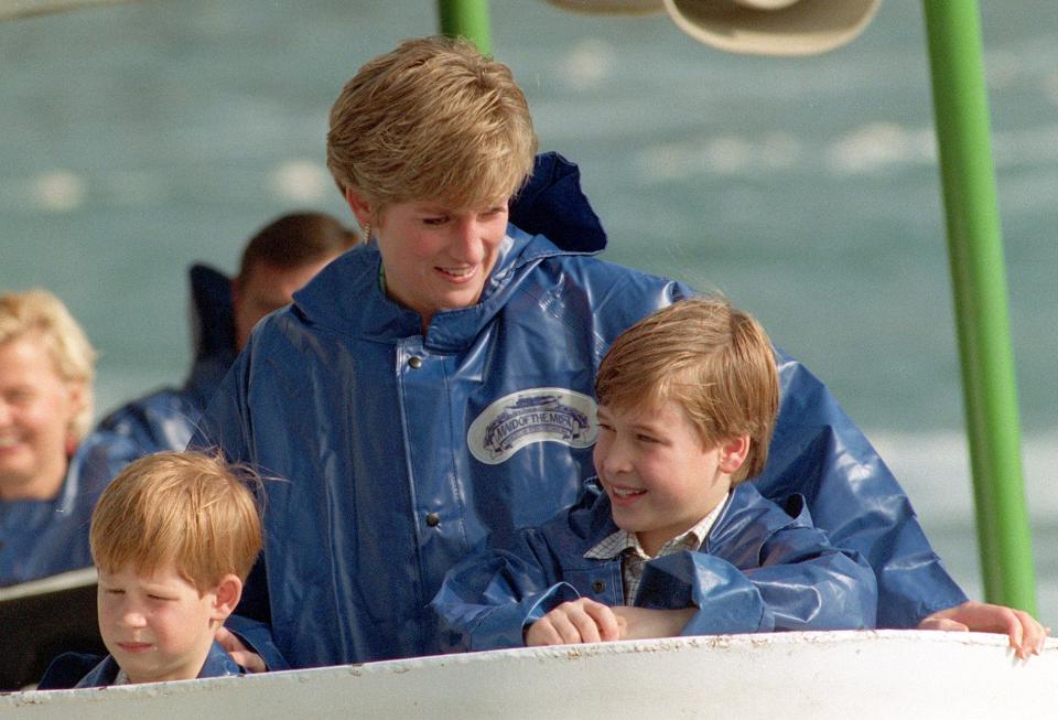 Library filer ref 251018-21, dated 26.10.91, of Diana, Princess of Wales, with her sons, Princes Harry (left) and William, aboard the Maid of the Mist cruiser near to Niagara Falls. The princess was today (Sunday) killed in a car crash in Paris. Photo by Martin Keene/PA.   (Photo by Martin Keene - PA Images/PA Images via Getty Images)