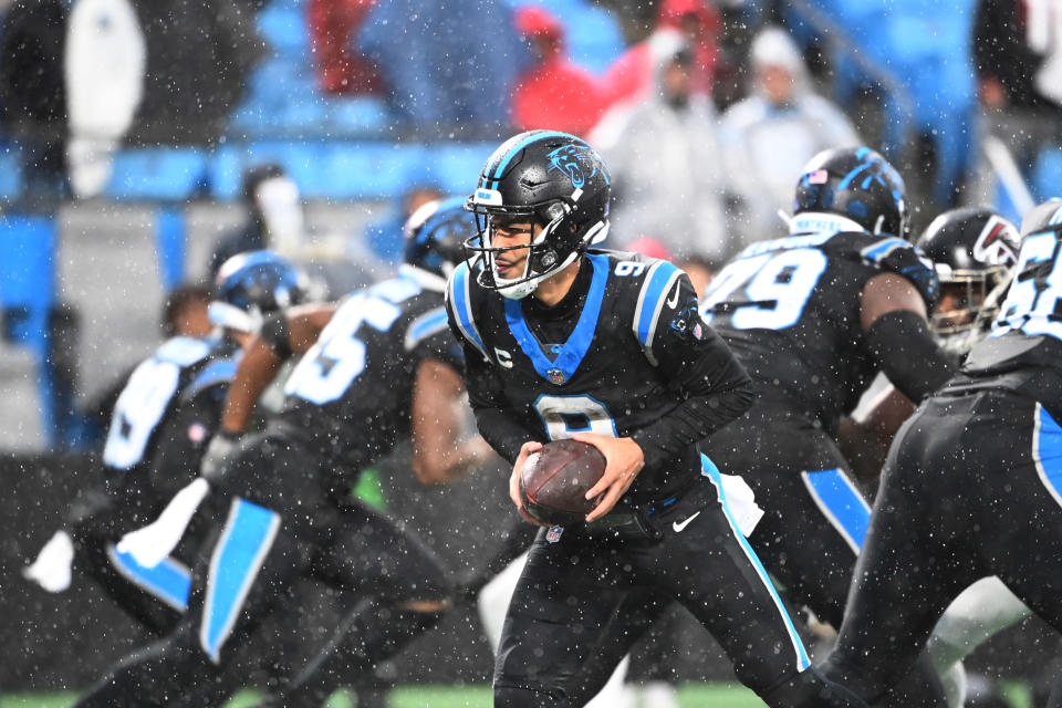 Dec 17, 2023; Charlotte, North Carolina, USA; Carolina Panthers quarterback Bryce Young (9) with the ball in the second quarter at Bank of America Stadium. Mandatory Credit: Bob Donnan-USA TODAY Sports