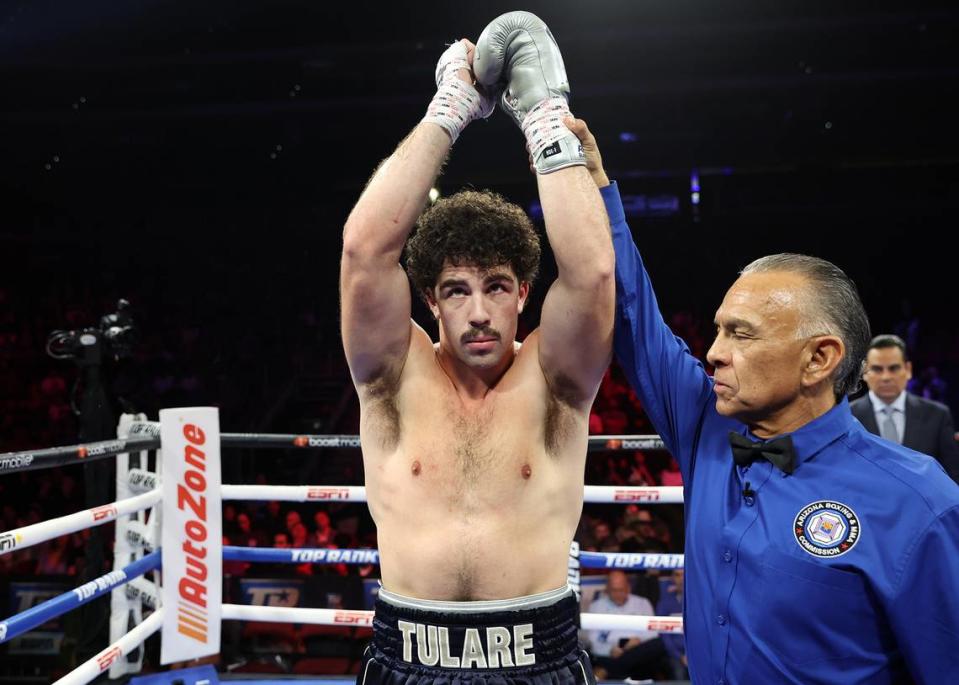 Richard Torrez Jr. celebrates after defeating James Bryant, during their heavyweight fight at Desert Diamond Arena on Feb. 3, 2033 in Glendale, Ariz.